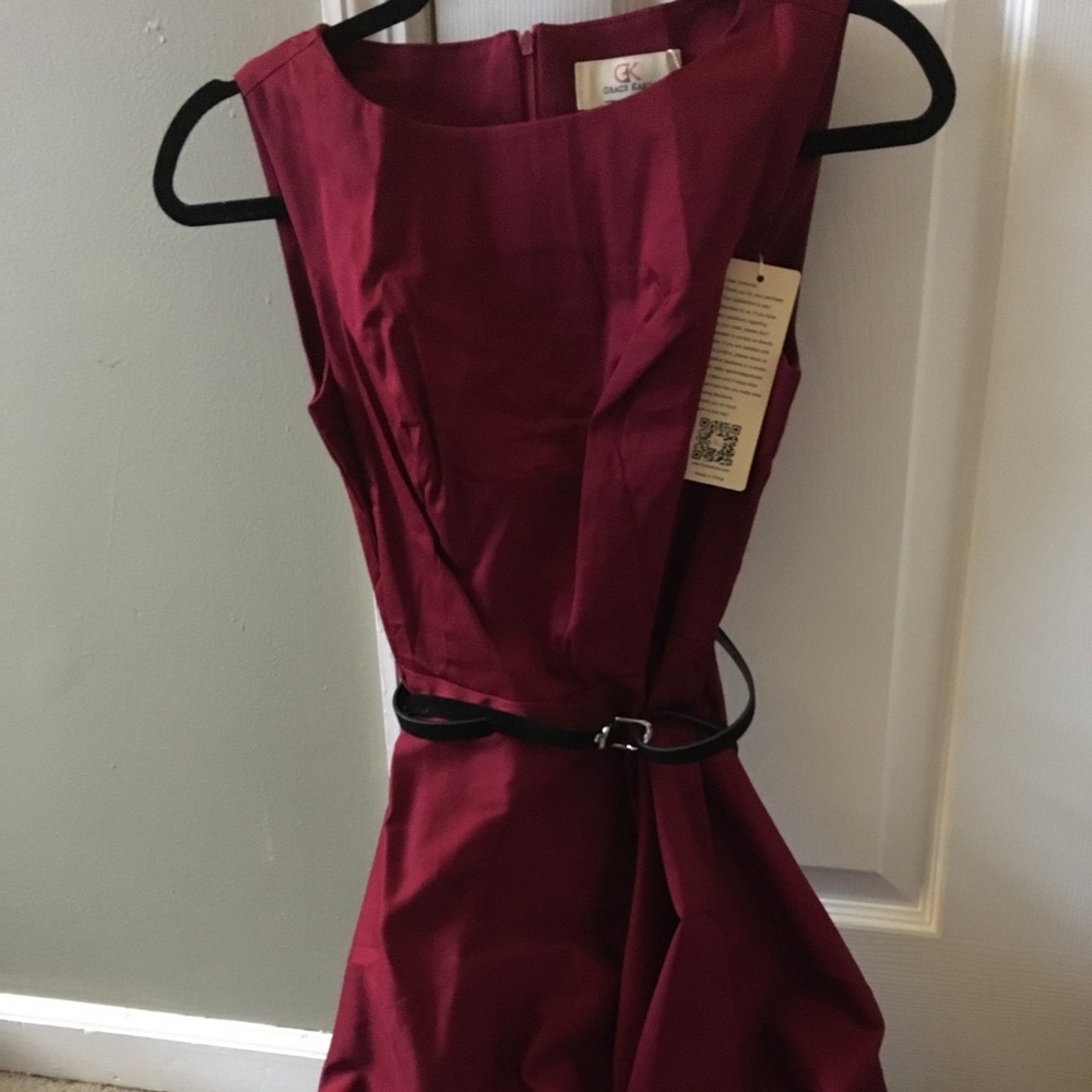 Maroon A-Line Dress with Black Belt